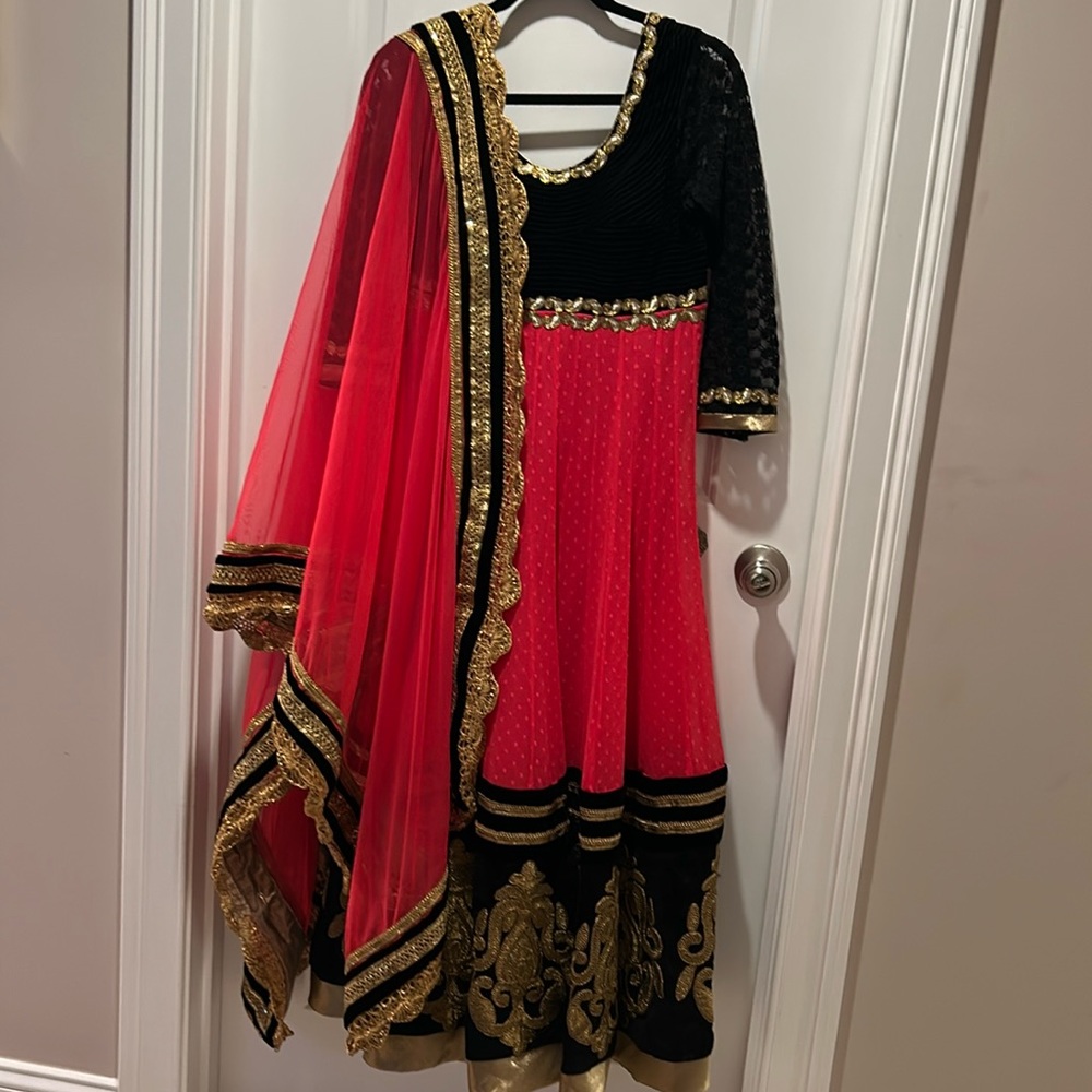 Black and hot pink  Anarkali with dupatta.